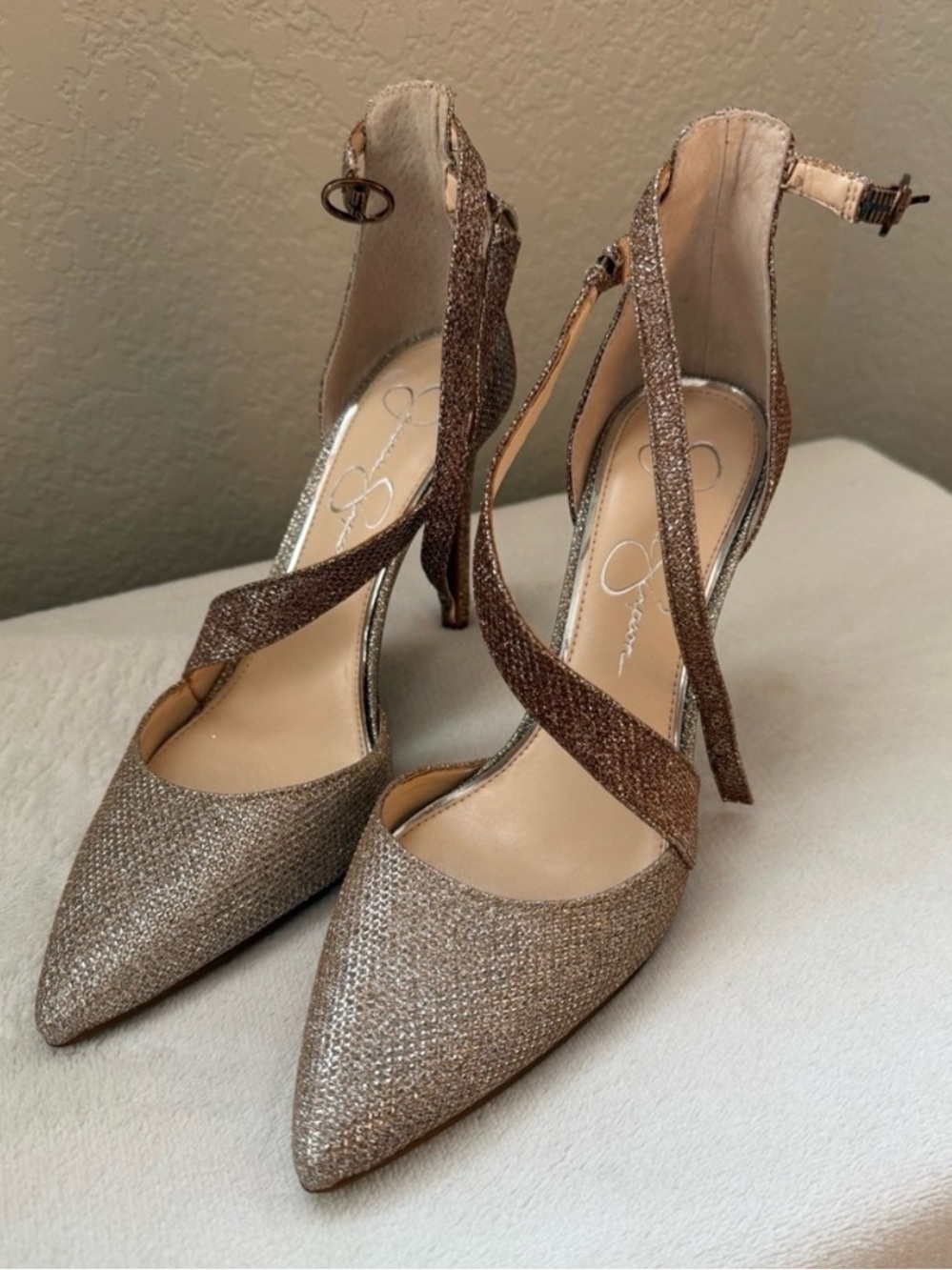 Jessica Simpson Metallic Champagne Pointed-Toe Ankle-Strap Heels